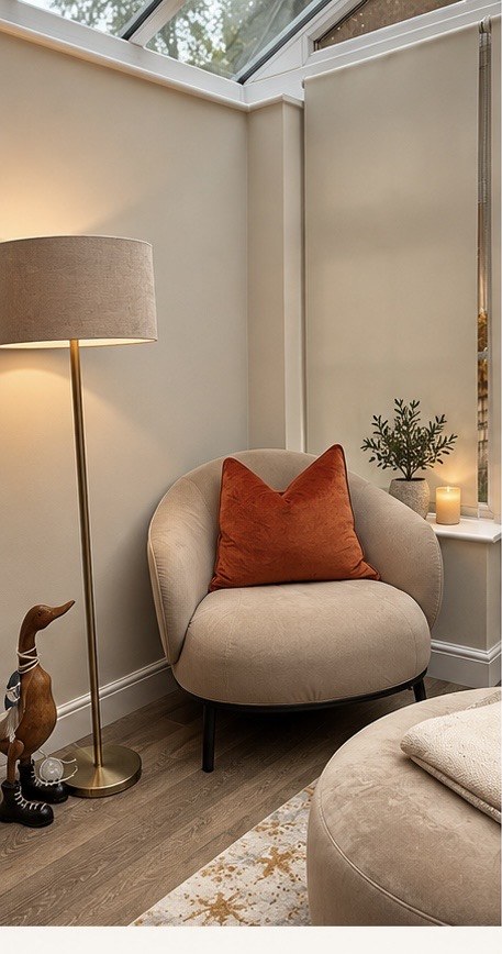 Cream armchair with an orange cushion beside a floor lamp