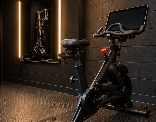 Exercise bike beside illuminated gym mirrors
