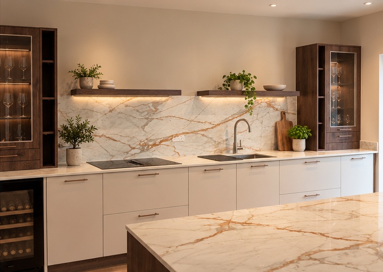 House and Set's statement marble kitchen with an oversized island and warm illuminated shelving