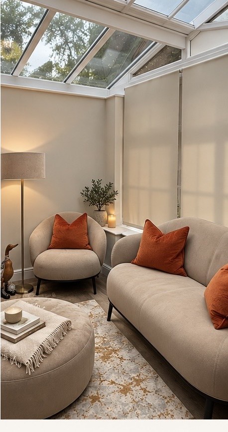 Armchair, sofa and ottoman in the garden-room seating area