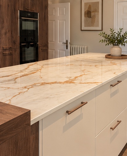 Marble island surface and built-in kitchen appliances